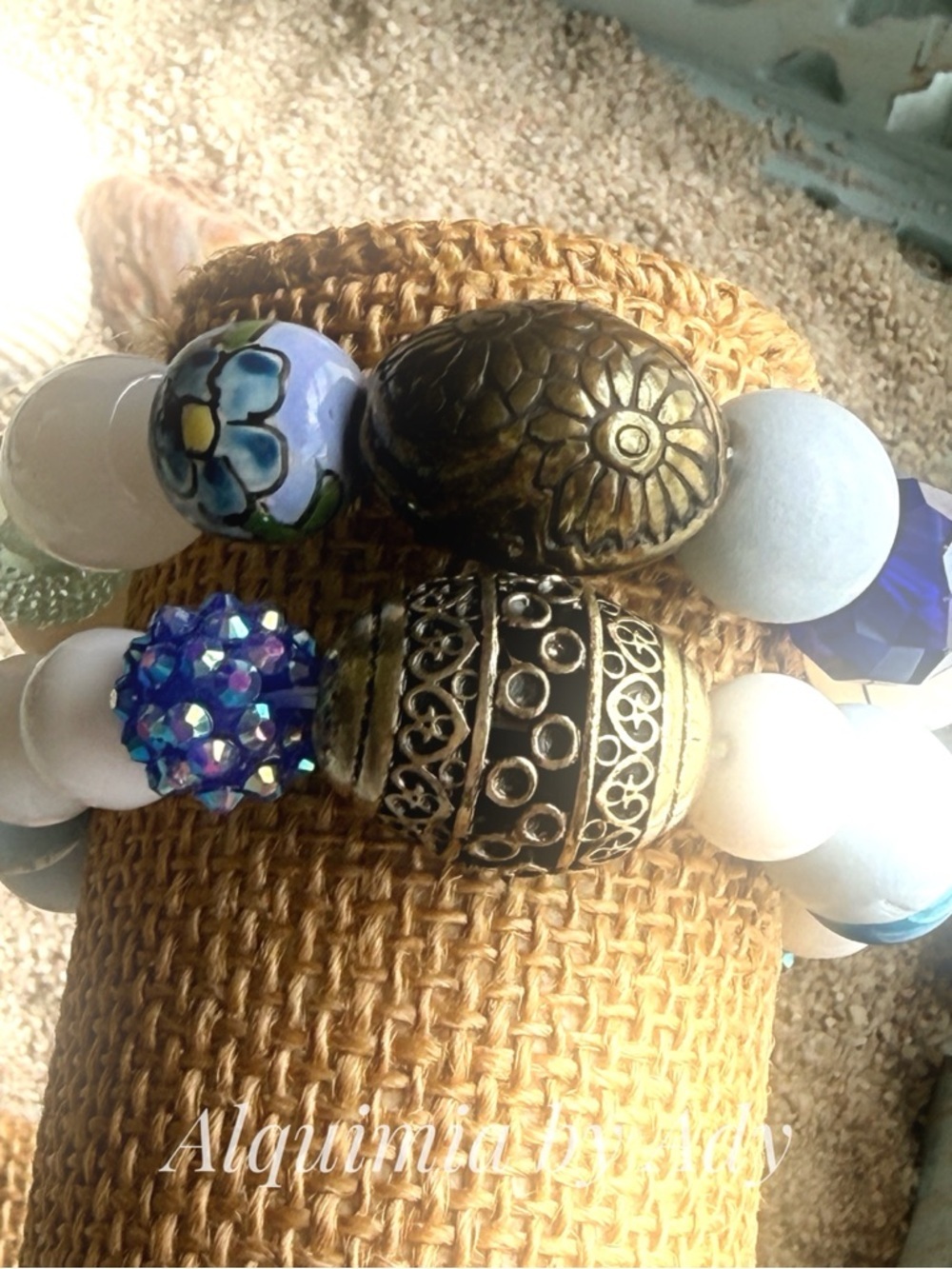 EXAGGERATED Blue, White JADE & Gold Beaded Stretch Bracelet Set